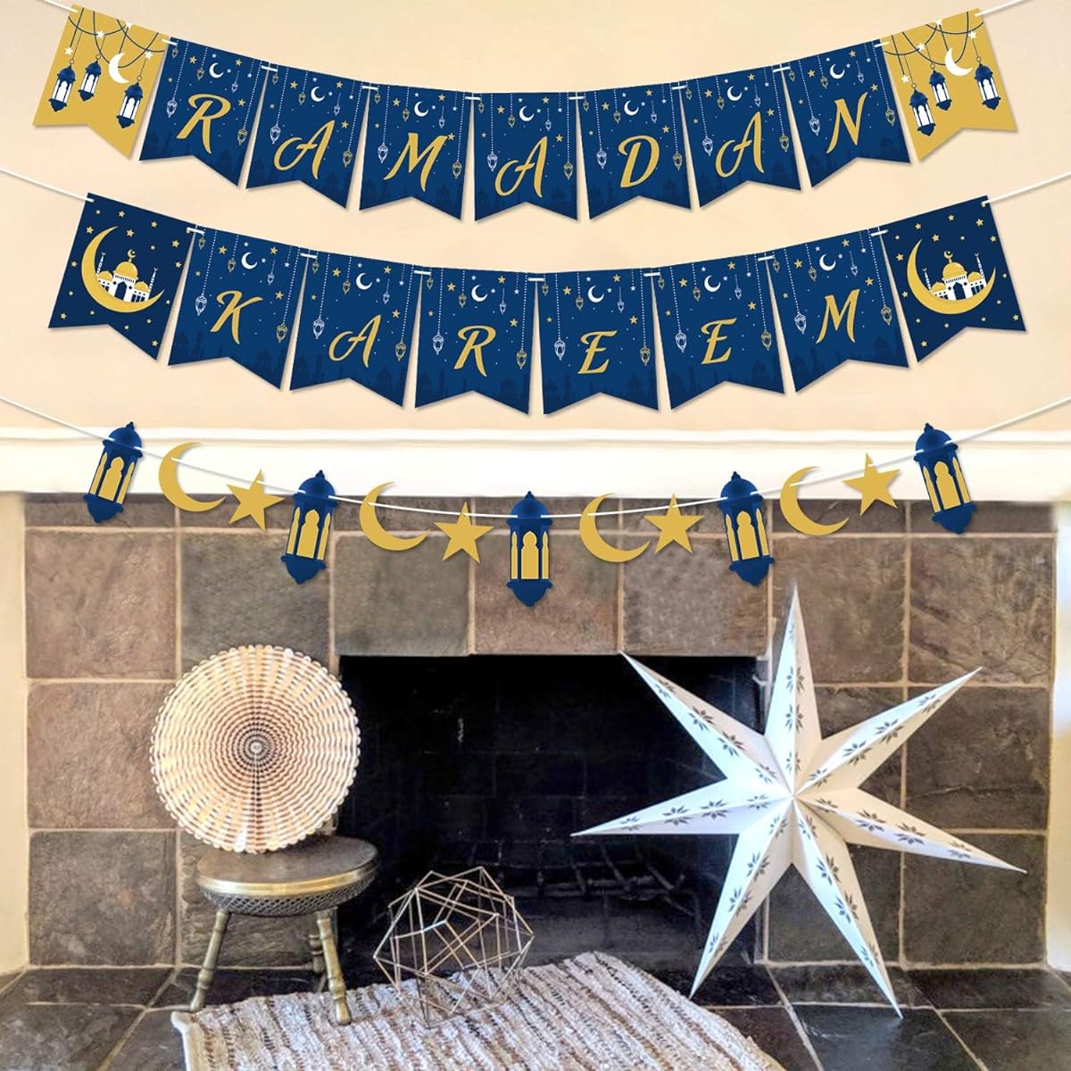 Ramadan Kareem Banner Happy Ramadan Party Decorations Eid Festival Supplies Moon Star Lantern Garland Ramadan Decor