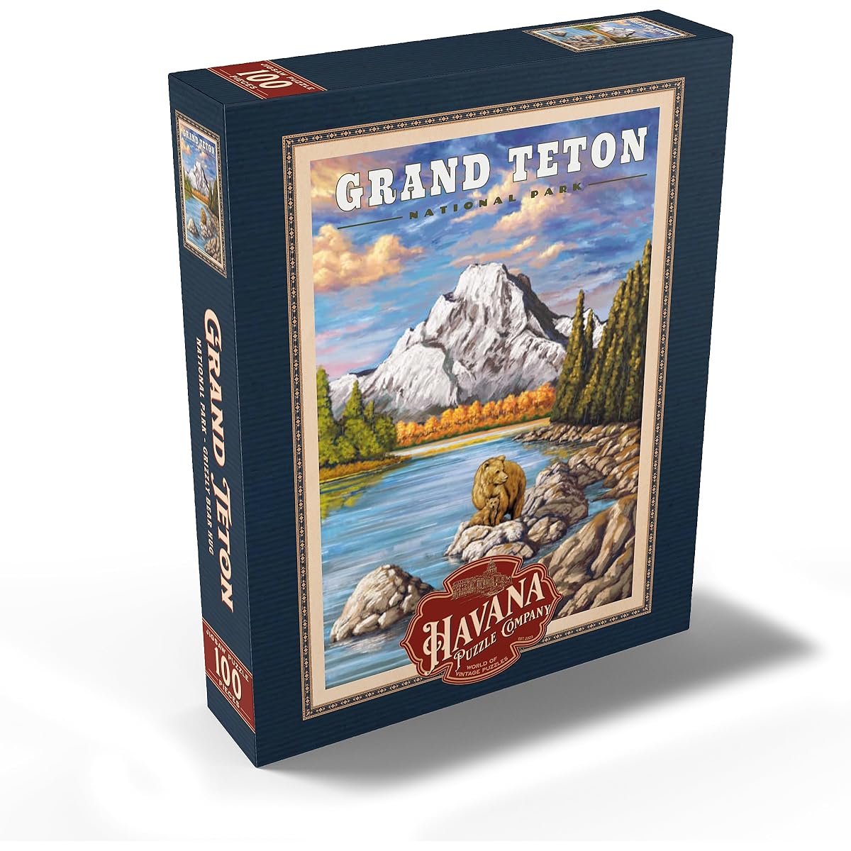 Grand Teton National Park Grizzly Bear Hug Vintage Travel Poster Premium 100 Piece Jigsaw Puzzle for Adults