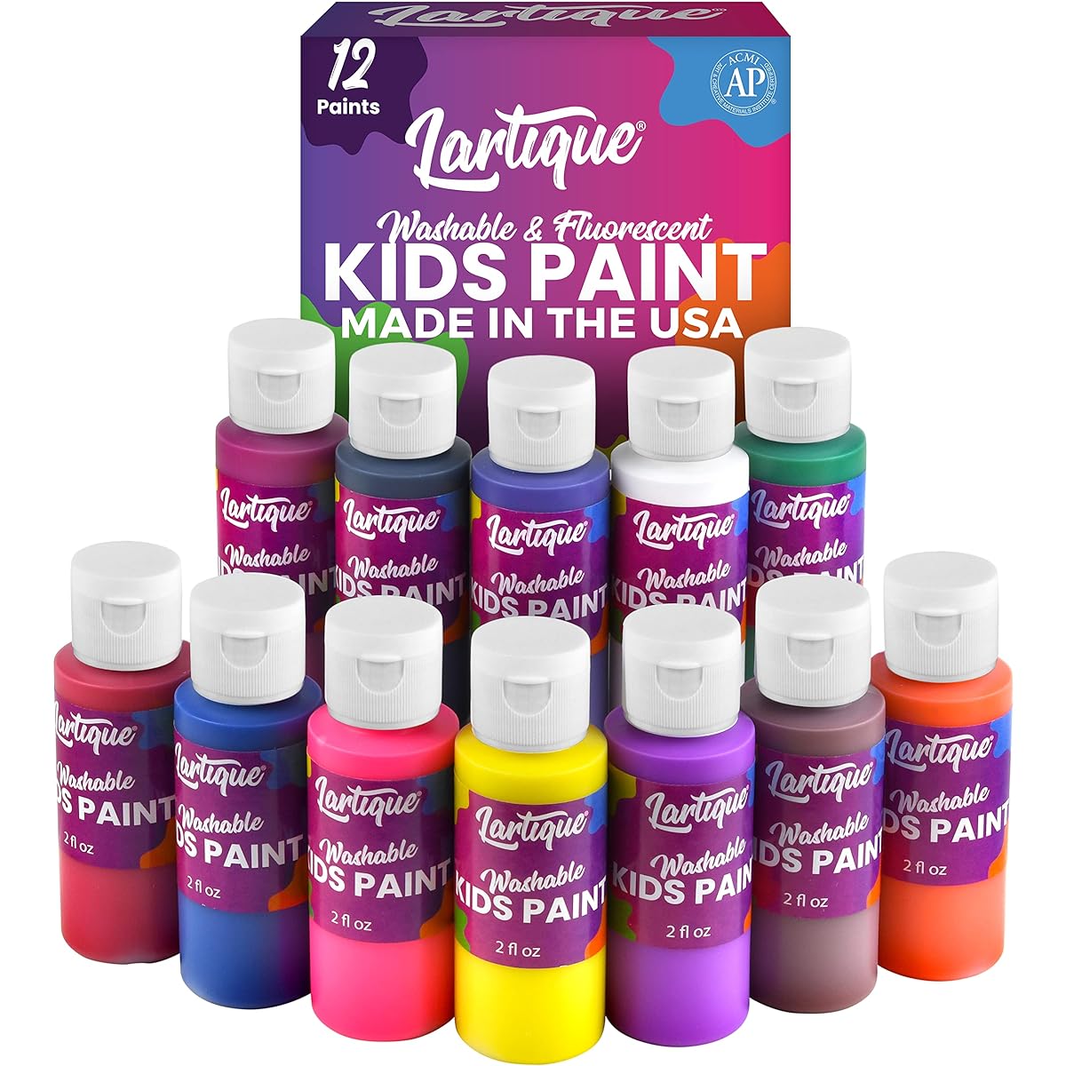 Lartique Washable Paint for Kids - 12 Color Finger Paints Regular & Fluorescent Kids Paint Set Safe Non-Toxic Tempera Paint - 2 oz Bottle Made in the USA