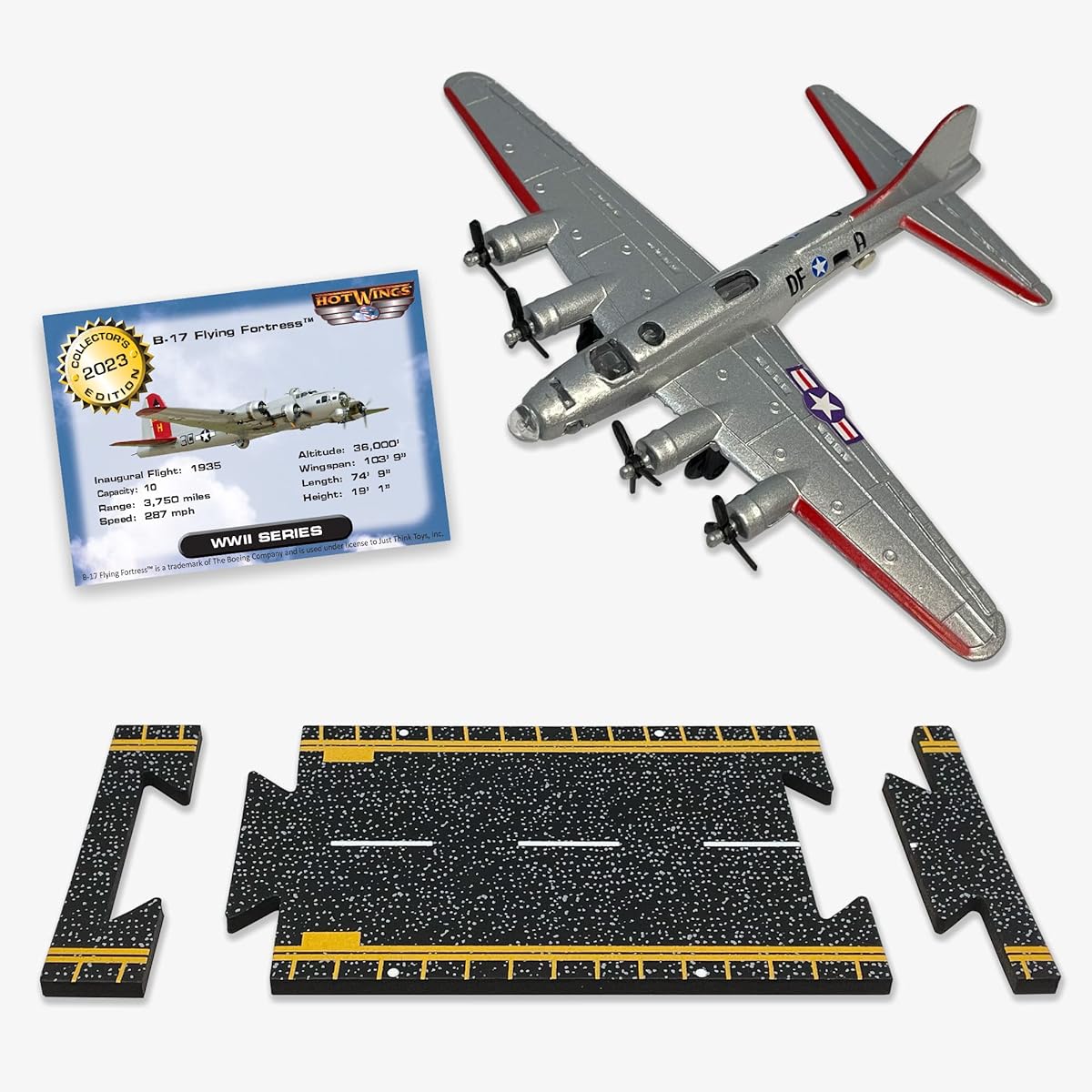 Hot Wings Planes B-17 Flying Fortress Jet (Silver) with Attachable Runway