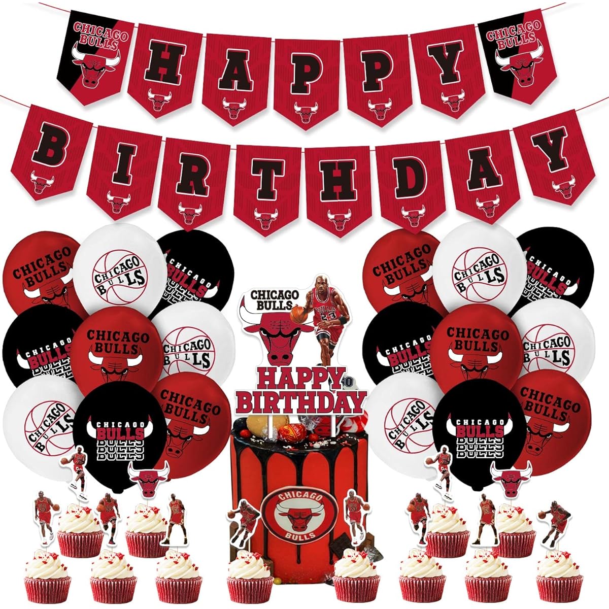 Chicago Bulls Michael Jordan Birthday Party Decorations, Chicago Bulls Basketball Party Supplies, NBA Basketball Sports Birthday Party Favors, Banner Balloons Cupcake Cake Toppers for Men and Women