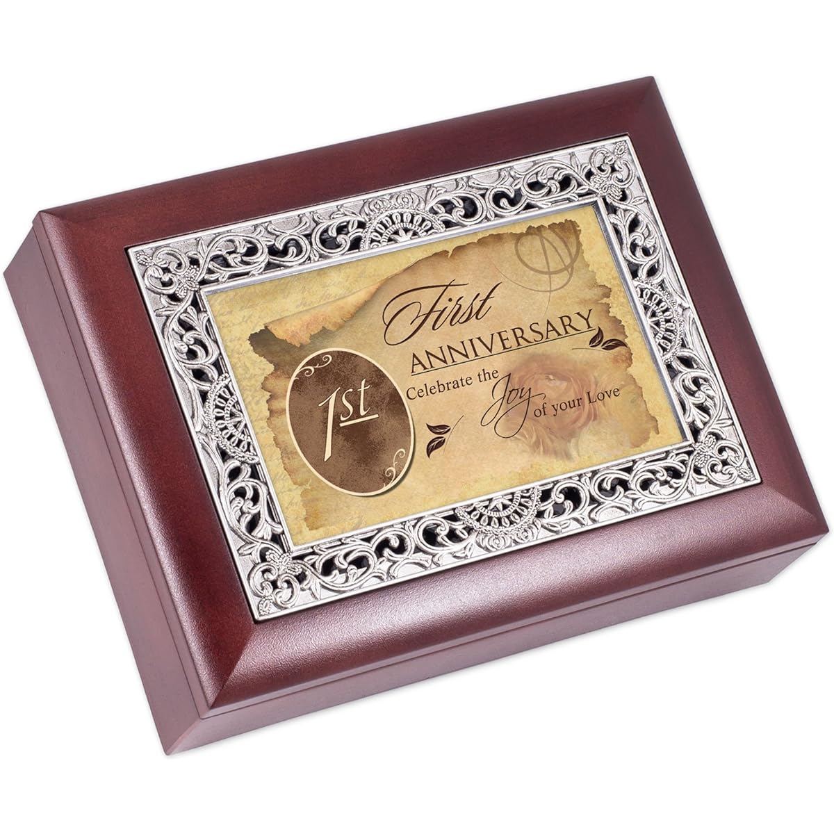First Anniversary Rosewood Finish with Silver Inlay Music Jewelry Box - Plays Tune Wonderful World
