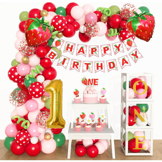 Amandir Strawberry Birthday Party Decorations, Very First Balloons Garland Arch Banner Hanging Swirls Cake Topper Foil Number 1 Sweet One Girls 1st Birthday Decorations Baby Shower Supplies