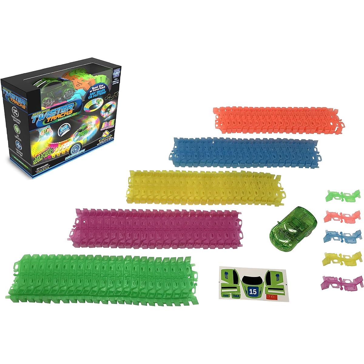 Mindscope Twister Tracks Neon Glow in the Dark 221 Piece (3.4m) of Flexible Assembly Track Race Series