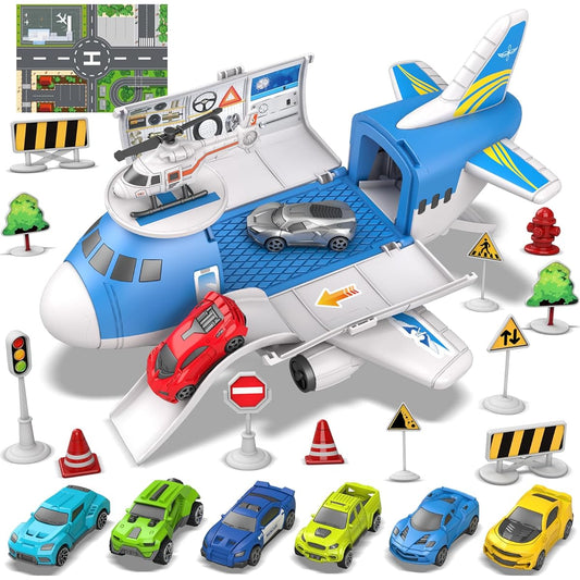 Aomola Airplane Toys for Toddlers 4-7 Years Large Transport Cargo Plane with 9 Mini Race Car Helicopters Airplane Set Birthday Gift for Boys Girls 2 3 4 5 Years Old (Map Included)