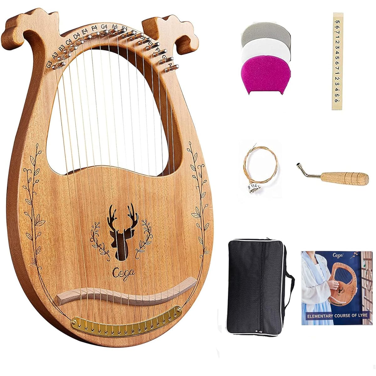 WowZza Lyra Harp, Binaural Antler Lyra 16 Metal String Mahogany Body Lyra All Accessories Included