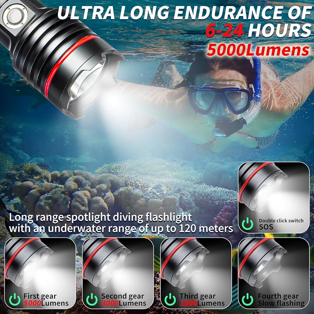 Diving Light, LetonPower 5000 Lumens Underwater Light, 100m Scuba Light, Type C Charging Diving Underwater Light, Spotlight Long Shot Diving Light
