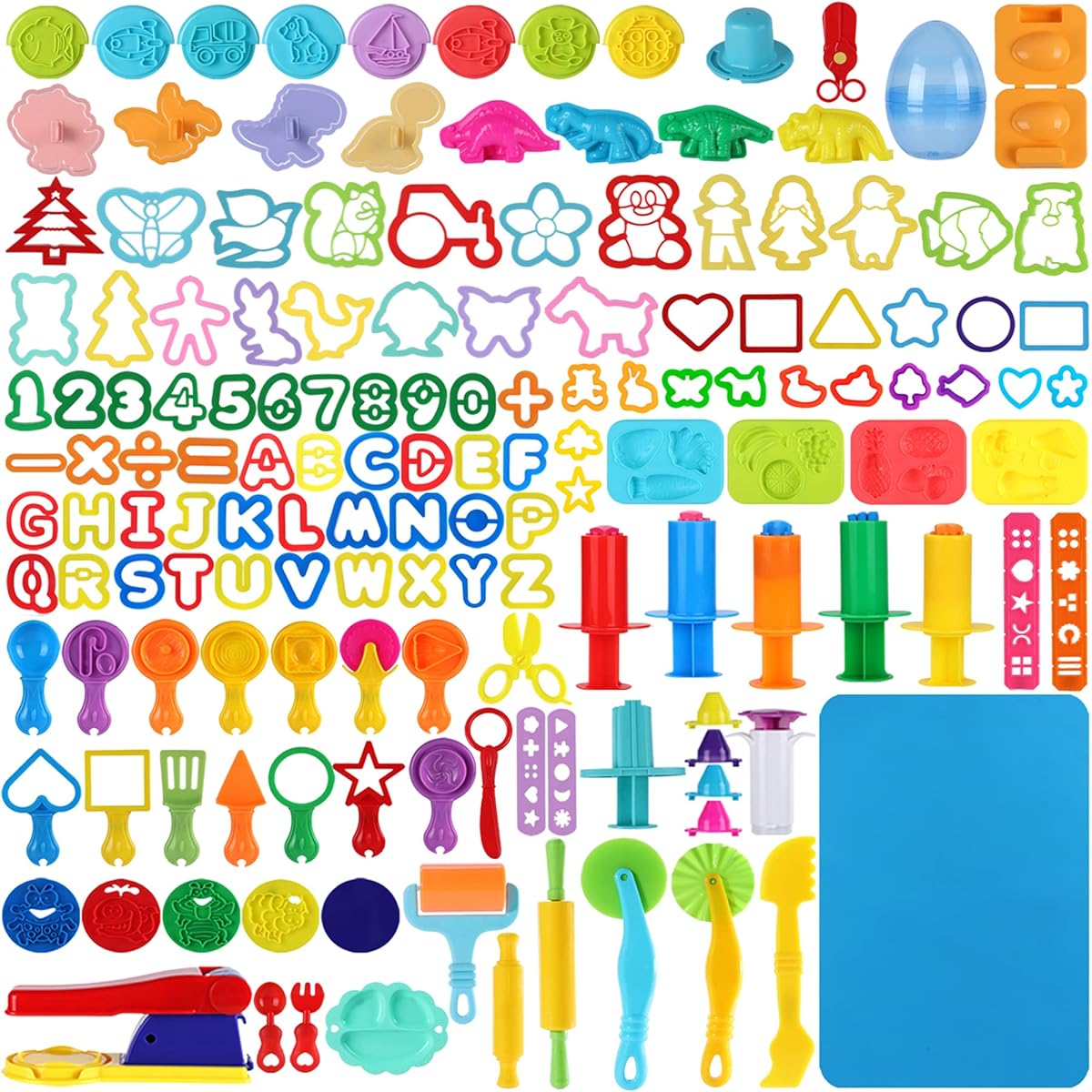 Oun Nana 144 Pieces Play-Doh Tools Set for Kids, Play-Doh Accessories with Assorted Shape Molds Animals Dinosaurs Stamps Letters Numbers Extruder Scissors Cutter Roller Dough Mat and Storage Bag