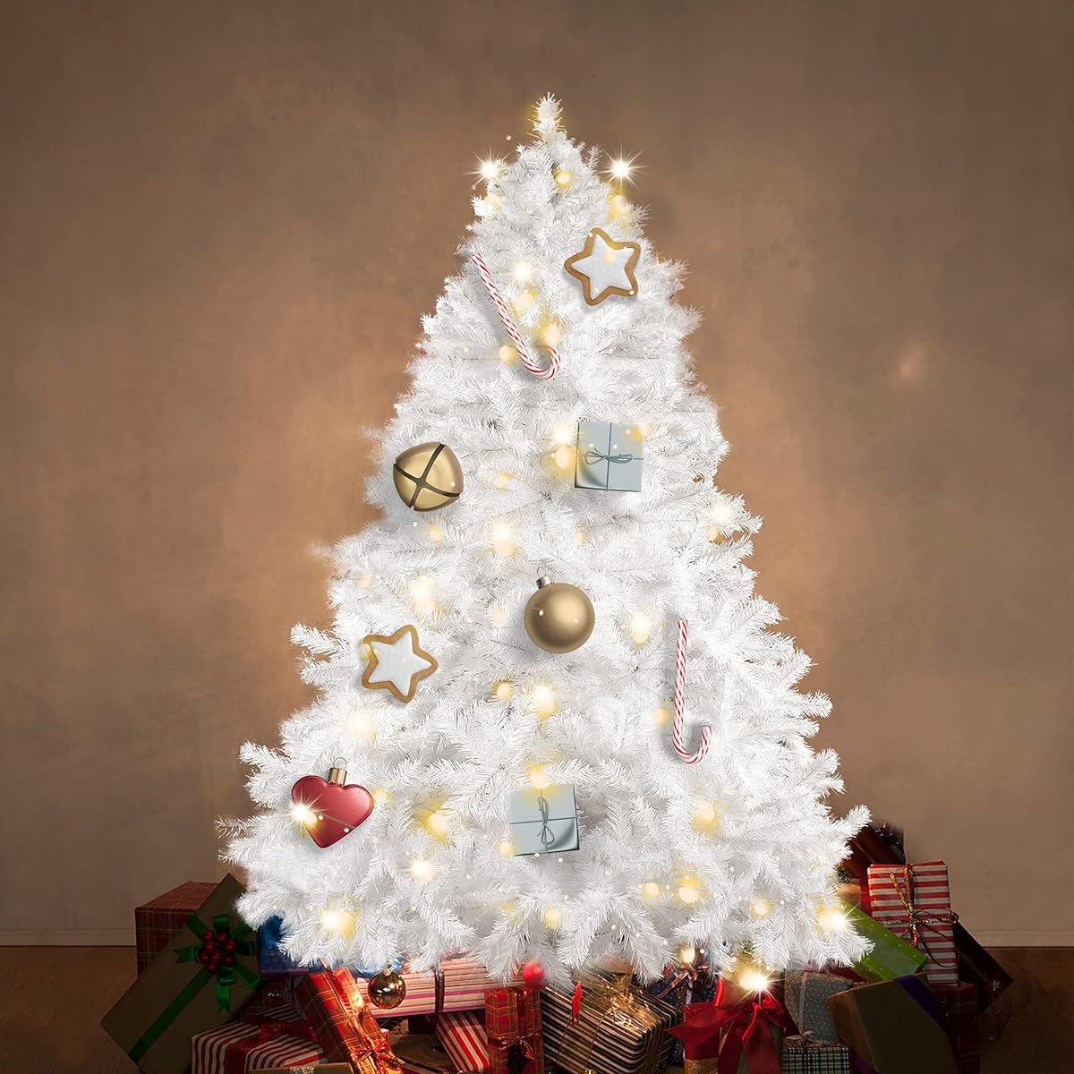 DC DICLASSE 6' White Artificial Christmas Tree with 800 Branches, Premium No Lights, Canadian Fir, Full Body Pine Christmas Tree, 17 Decorations (with Toppers) for Outdoor Indoor Holiday Parties