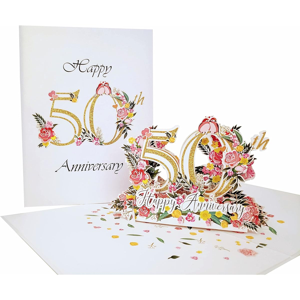 iGifts And Cards Happy 50th Anniversary 3D Pop Up Greeting Card - Marriage Soulmates Celebration Together Gold Congratulations Romantic Love Birds Love Happiness