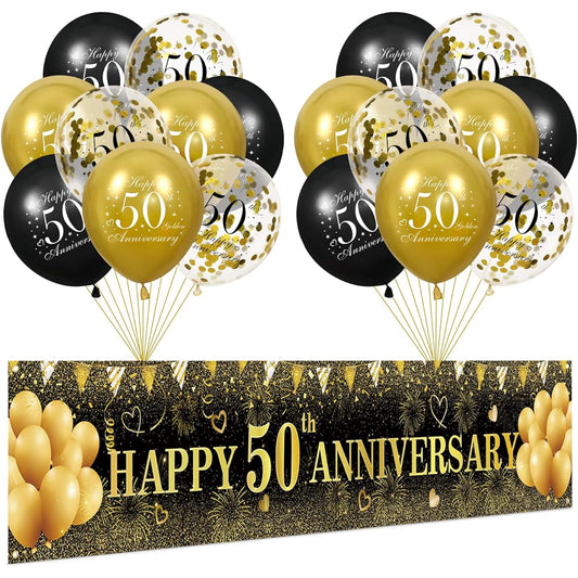 50th Wedding Anniversary Decorations Black Gold Happy 50th Anniversary Yard Banner, 18pcs 50th Happy Anniversary Balloons, 50th Birthday Party Supplies