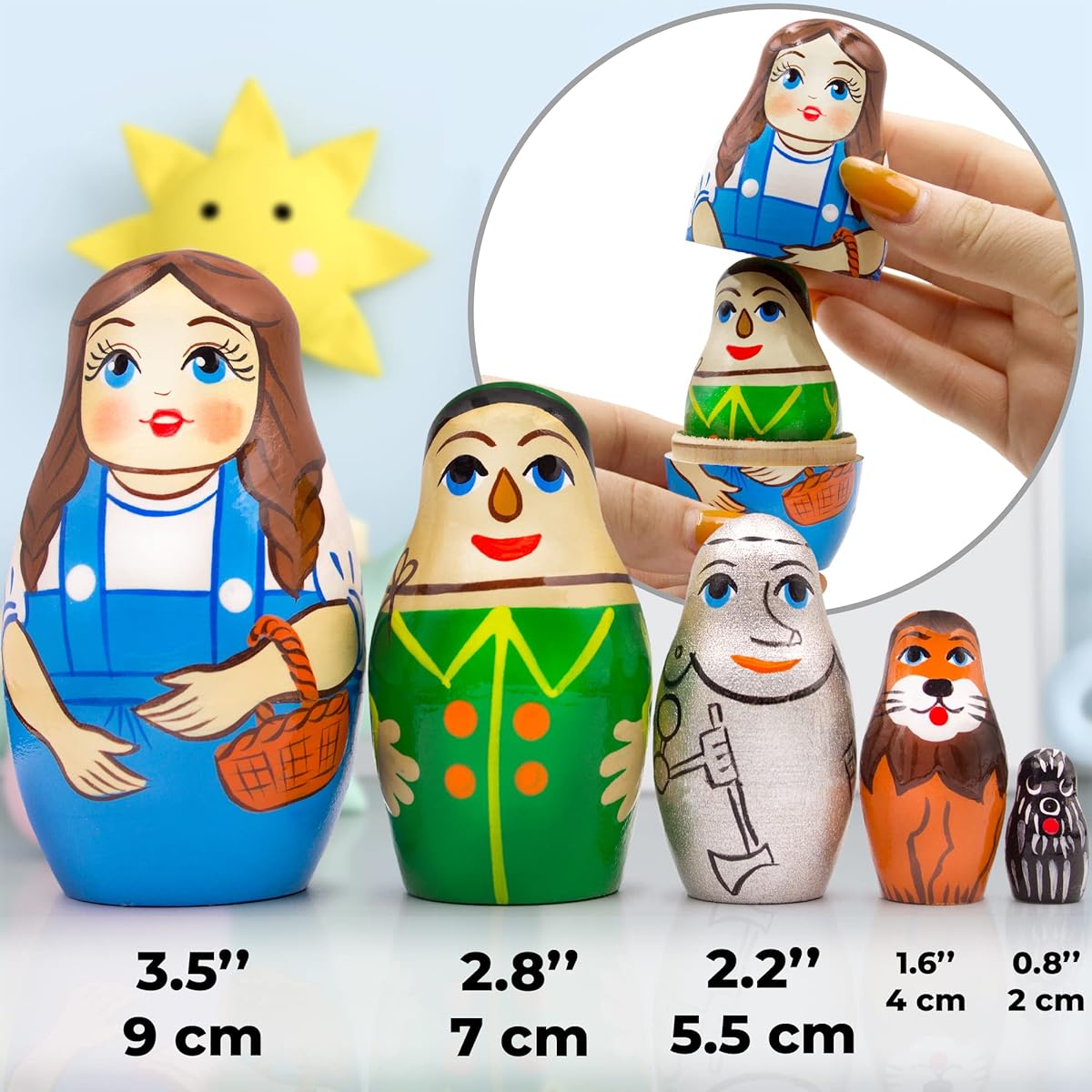 AEVVV Wizard of Oz 5 Piece Nesting Dolls - Eco-Friendly Wooden Matryoshka - Unique Gifts and Decor