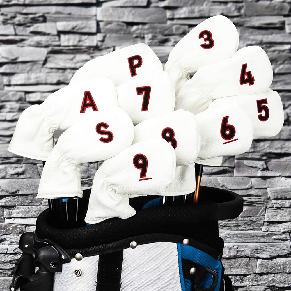 Golf head cover wedge cover 48°50°52°54°56°58°60°62° Set of 8 Iron covers 10 pieces (3-9,P,A,S) Elastic closure Double-sided number embroidery For both left and right Green/Red Long Neck white synthetic leather