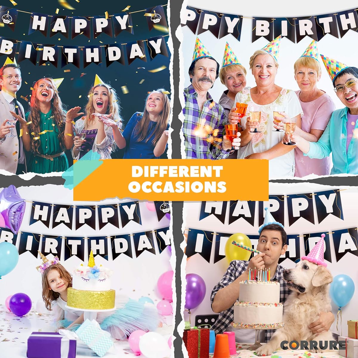 CORRURE Happy Birthday Banner - Pre-Stretched Blue Banner with Gold Foil - Large Party Flag Banner for Women, Men, Girls or Boys - Fun Quality Birthday Decorations Supplies - No Assembly Required