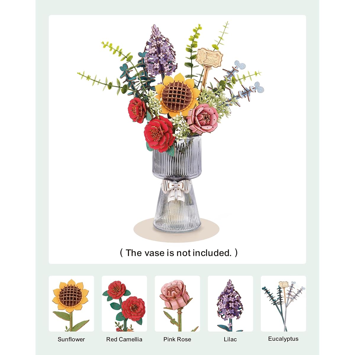 Wowood 3D Wooden Puzzle Flower Bouquet Model Kits Building Set for Adults Wooden Flower Building Toys Botanical Collection Creative Gift Ideas Home Decoration (Sunflower/Red Camellia/Pink Rose/Lilac)