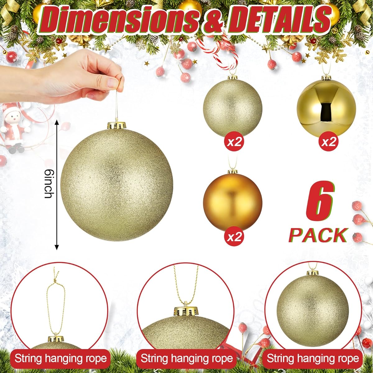 Wettarn 6pcs Large 6 Inch Christmas Ball Christmas Tree Decoration Ornament Shatterproof Ball Birthday Easter Valentine Wedding Decoration 4th of July Memorial Day (Gold Mix)