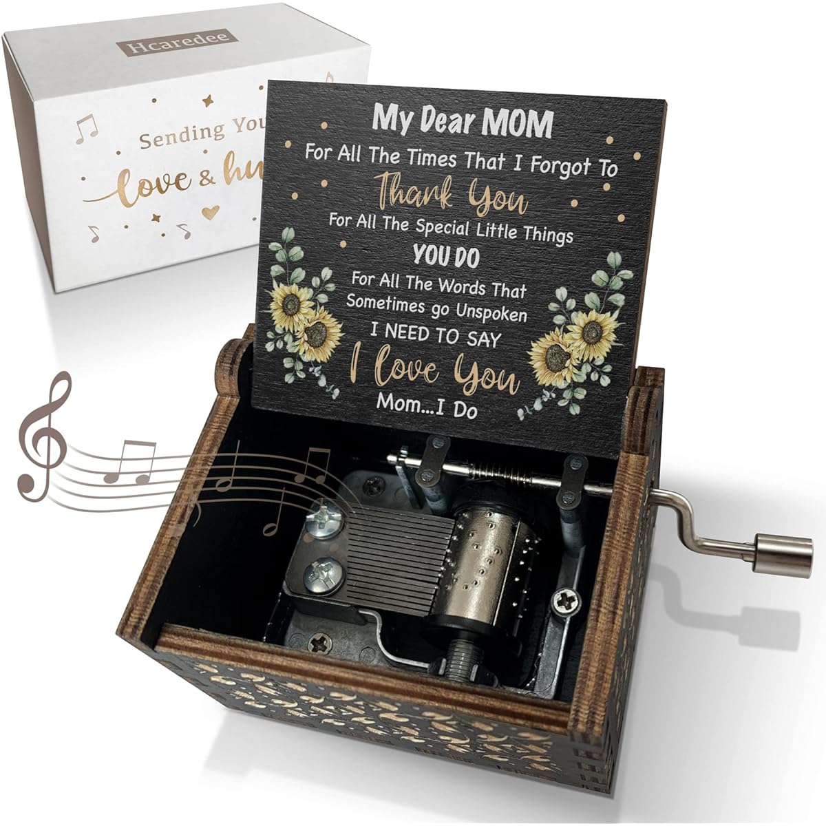 Hcaredee Sunflower Music Box, Dear Mom Gifts for Birthday, Christmas, Mother's Day, You are My Sunshine Hand Crank Engraved Wooden Music Box, Black