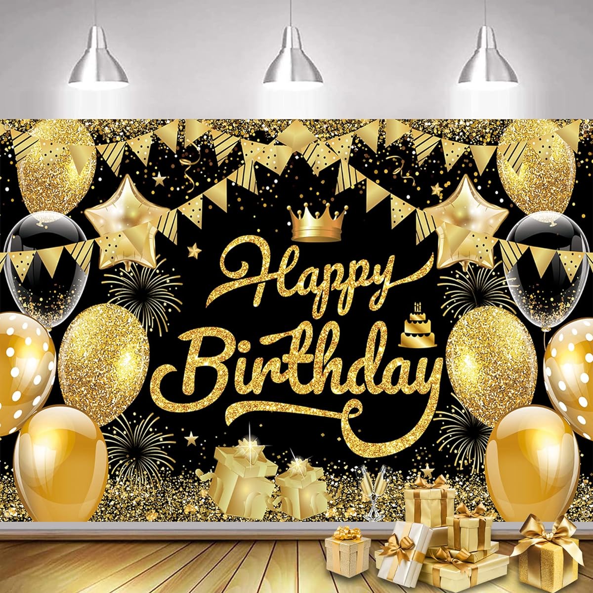 Happy Birthday Backdrop Banner Black and Gold Birthday Party Decorations Extra Large Fabric Background Sign Poster for Men and Women Girls Boys Black Gold Birthday Photo Booth Backdrop 72.8x43.3 inches