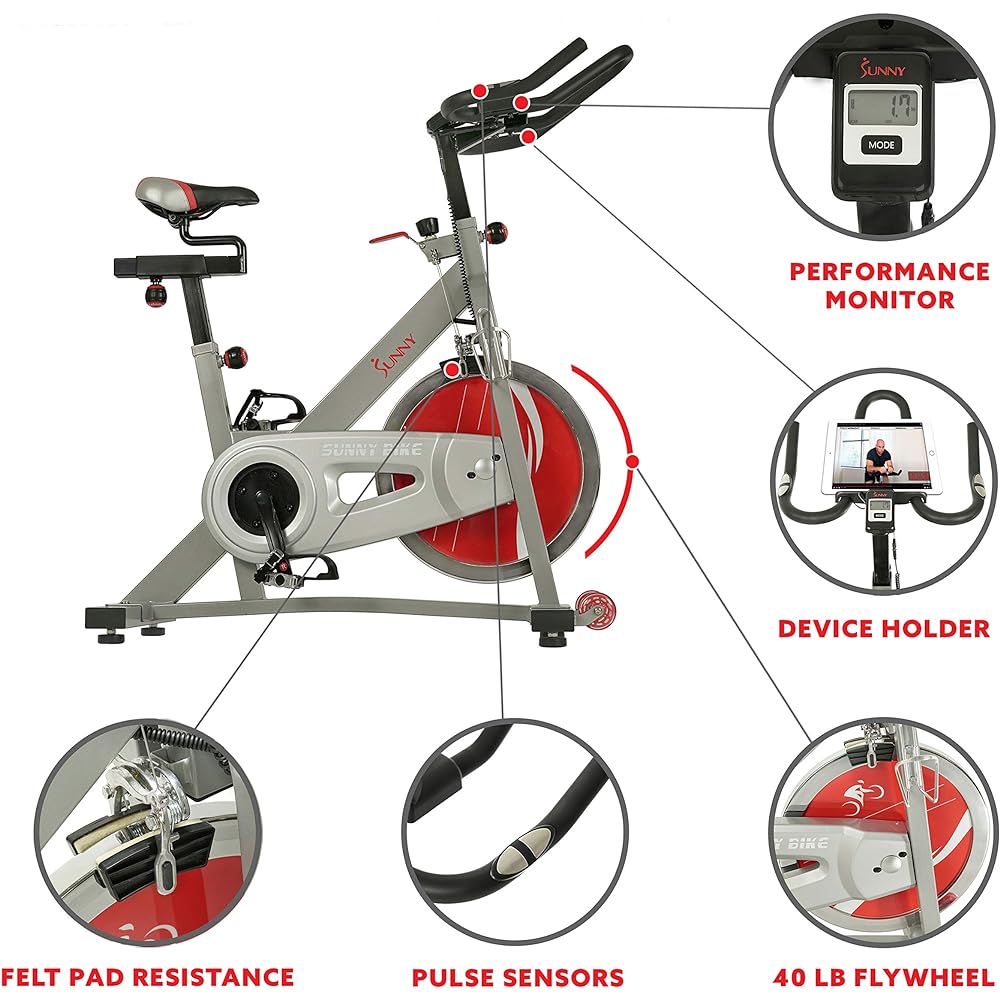 Sunny Health & Fitness Upright Exercise Bike Indoor Cycling Bike with Device Mount and Advanced Display Gray 18kg Flywheel Dual Felt Resistance Pro/Pro II SF-B1995