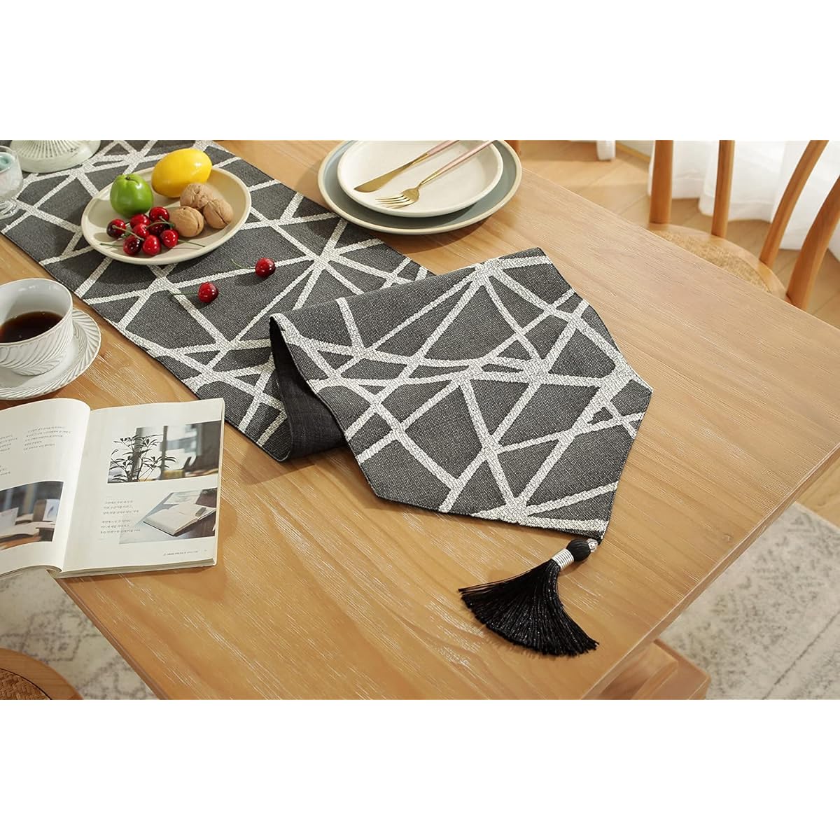 Caflife Grey Table Runner Home Living Room Bedroom Art Decoration Modern Table Runner Linen Black and Mineral Grey Runner AB Sides with Tassels Natural Fabric Rustic Table Runner 90" Long