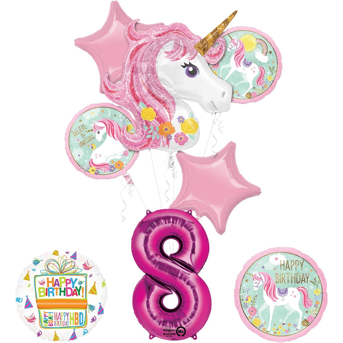 Unicorn Party Supplies "Believe In Unicorns" 8th Birthday Balloon Bouquet Decorations