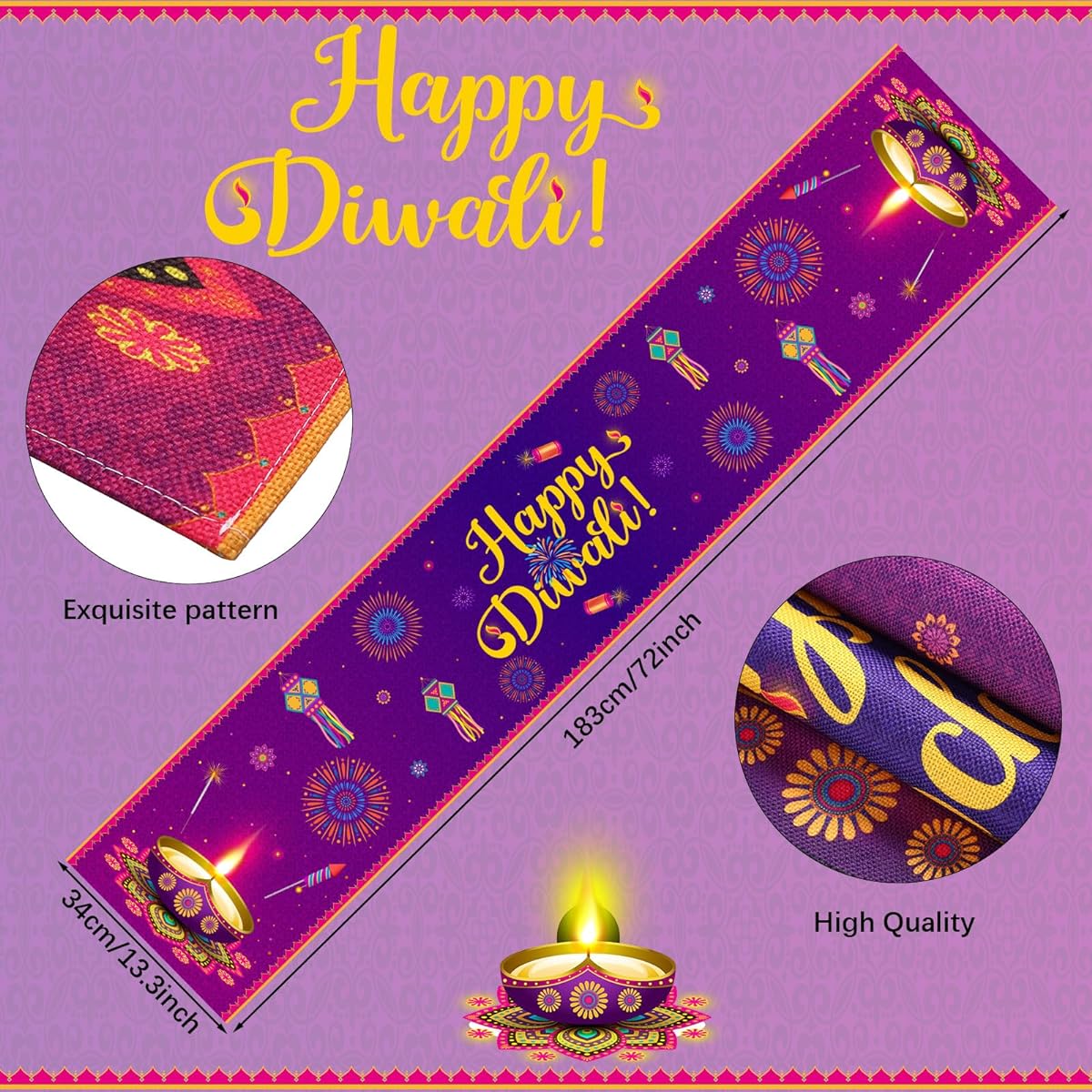 Diwali Party Table Runner Happy Diwali Kitchen Dining Table Decoration Light Rangoli Lantern Indoor/Outdoor/Home/Indian Deepawali Festival of Lights Party Decoration Supplies 13 x 72 Inch