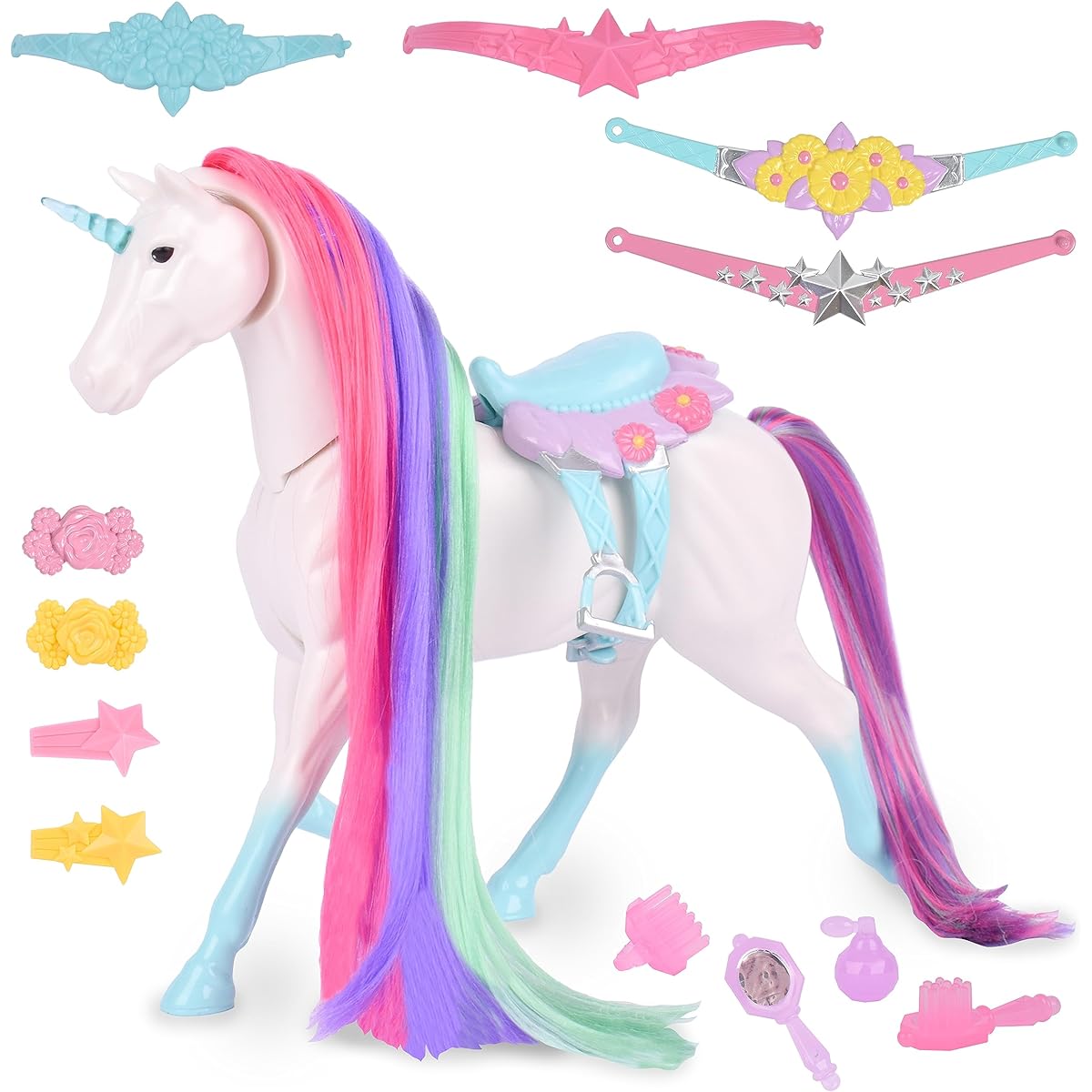 Sunny Days Entertainment Blue Ribbon Champion Unicorn Grooming Set - Fantasy Toy Horse with Sounds and 12 Grooming Accessories