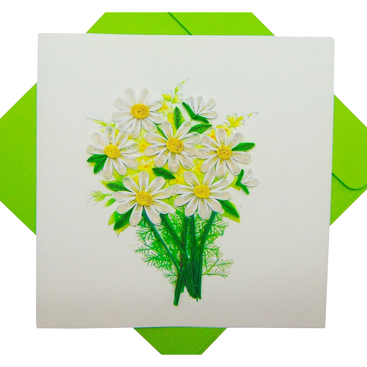 White Daisy Bouquet, Quilted Card 3D - Unique Exclusive Handmade Design Greeting Card for Birthday, Valentine's Day, Mother's Day, Spring, Father's Day, Graduation, Wedding, Anniversary, Thank You, Any Occasion | 6" x 6"