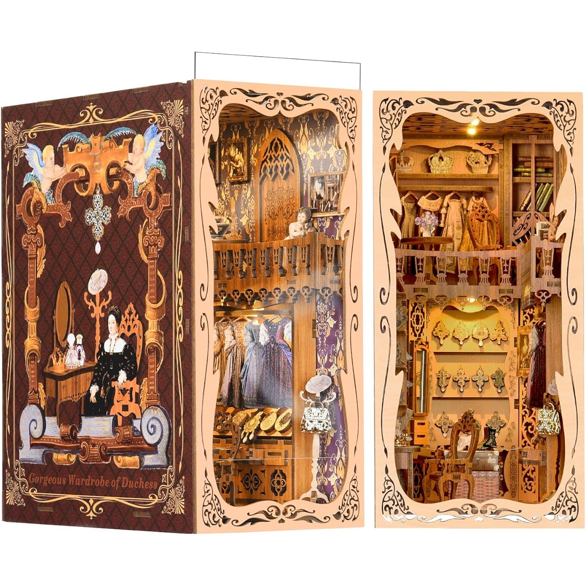 Minicity Book Nook Kit DIY Miniature Dollhouse Book Nook Kit 3D Wooden Puzzle Bookends Bookshelf Insert Decoration with LED Lights for Teens and Adults Duchess' Cloakroom