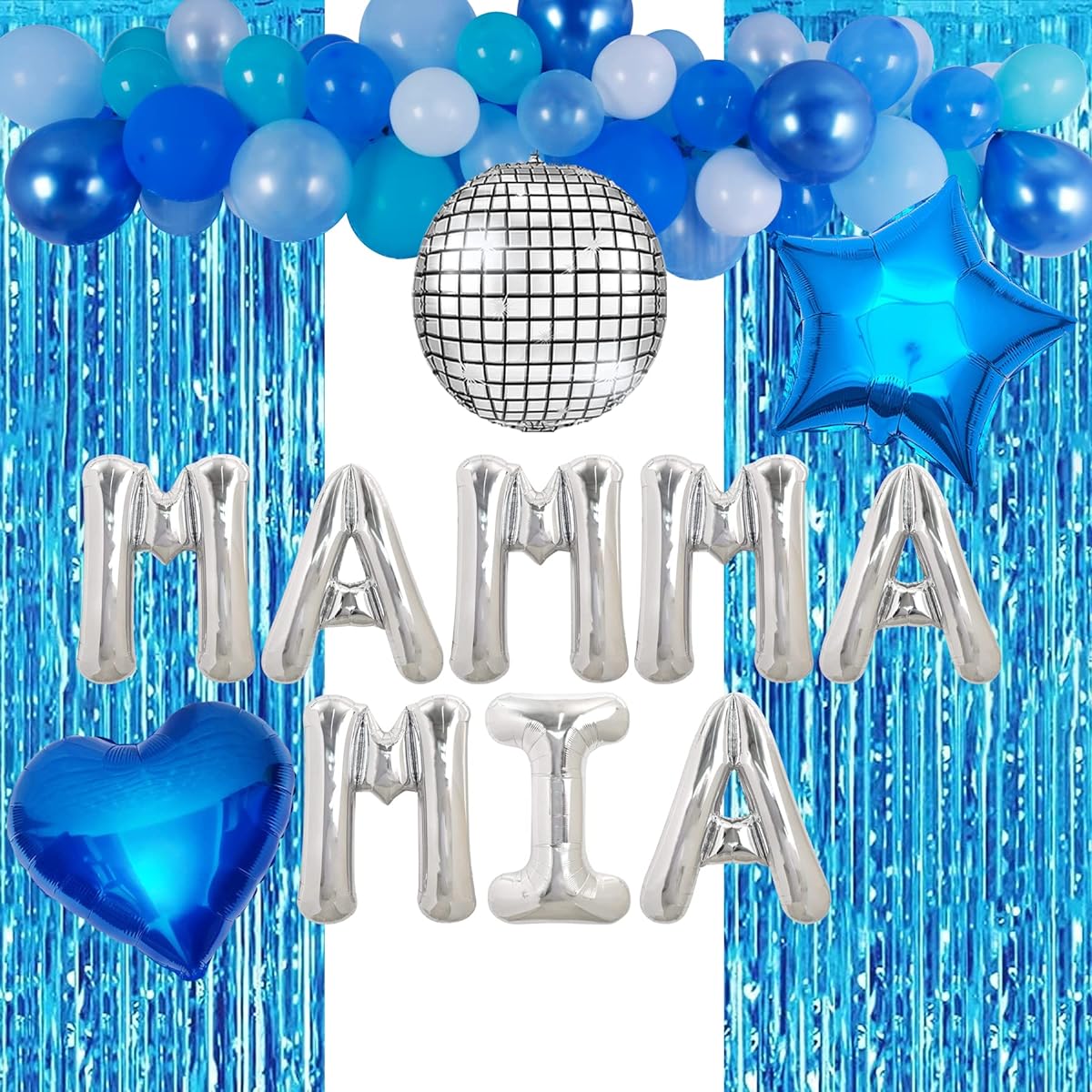 HOMEZZO Dancing Queen Party Backdrop Decorations - Mamma Mia Disco Theme Party Light Blue Glitter Tinsel Foil Curtains for Photo Booth Birthday Baby Shower Bridal Bachelorette Graduation Party