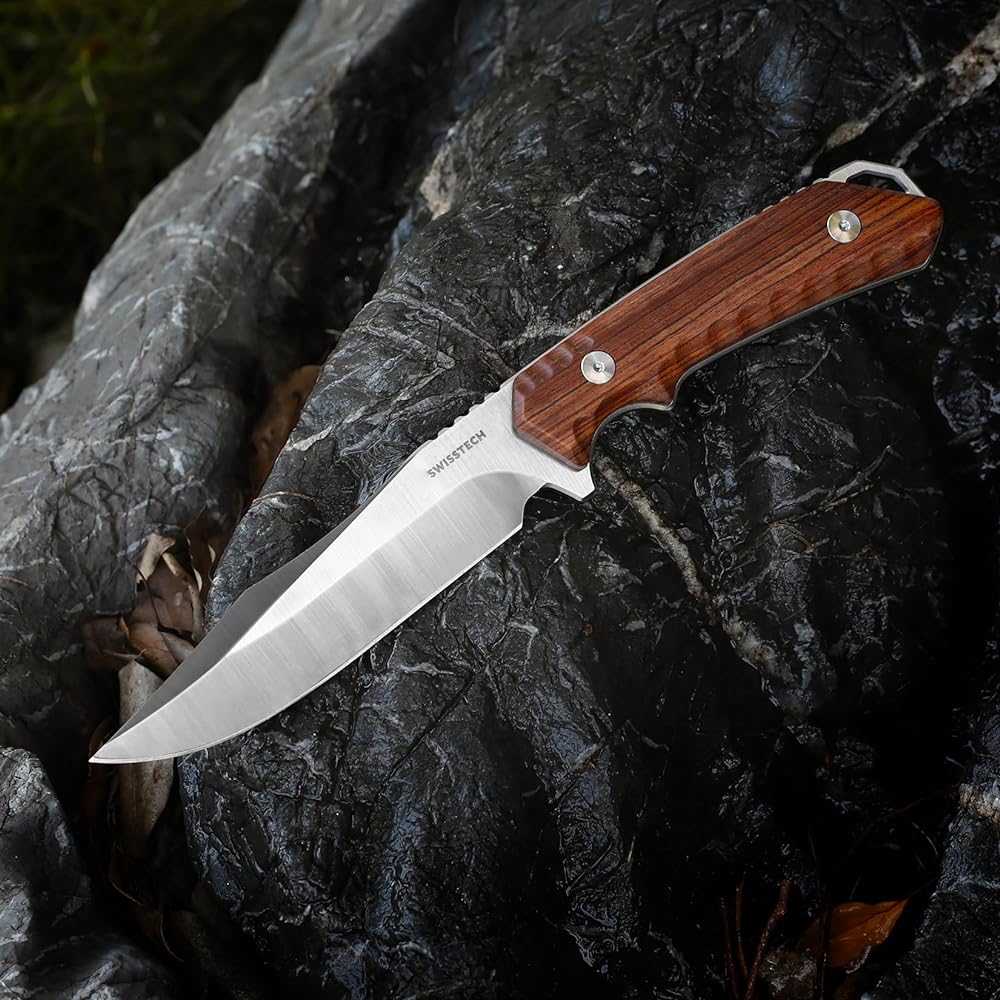 SWISS+TECH sheath knife, outdoor knife, camping knife, full tang structure, natural wood handle, total length approximately 26cm [with case]