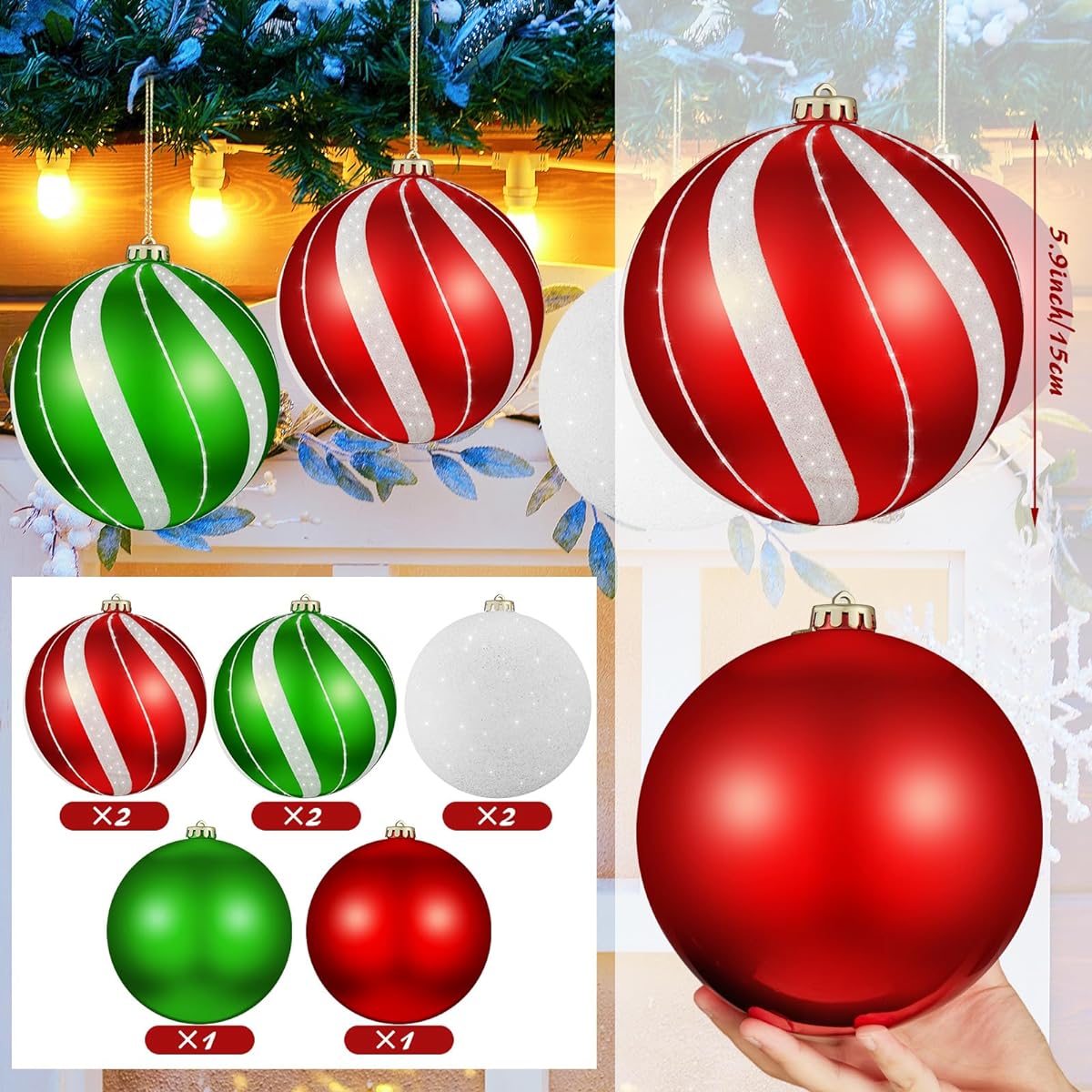 Wettarn Large Christmas Ball Ornaments, Set of 8 6 Inch Red Green White Glitter Hanging Christmas Plastic Balls for Indoor and Outdoor Hanging Christmas Tree Decorations for Lawn Yard Garden Party, 5 Styles