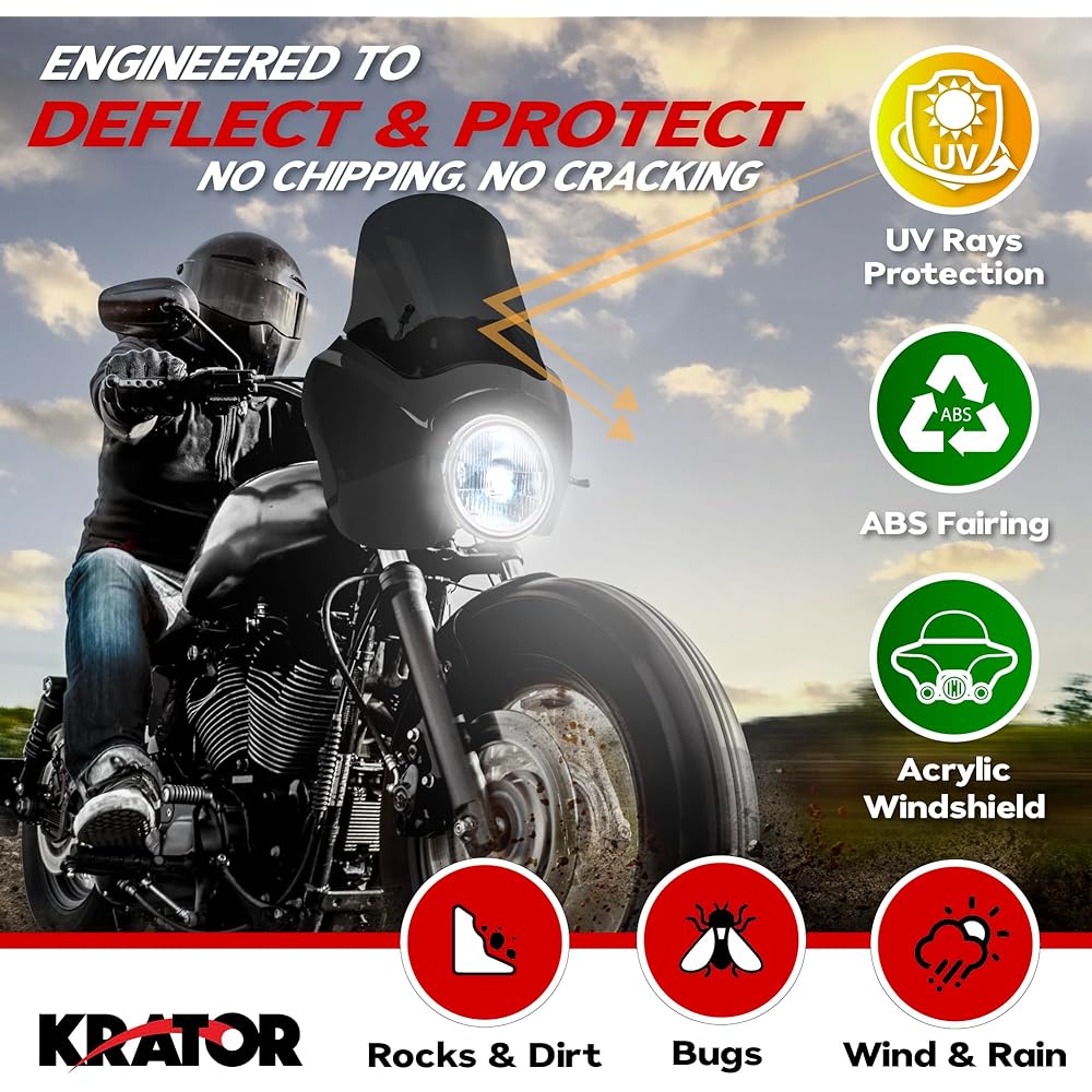 Krator Motorcycle Windshield Fairing Wind Deflector Motorcycle Accessories Smoke Windscreen Compatible with Harley-Davidson Dyna/Super Glide T-Sport FXDXT FXR & Softail FXBB/S FLSB FXLR/S