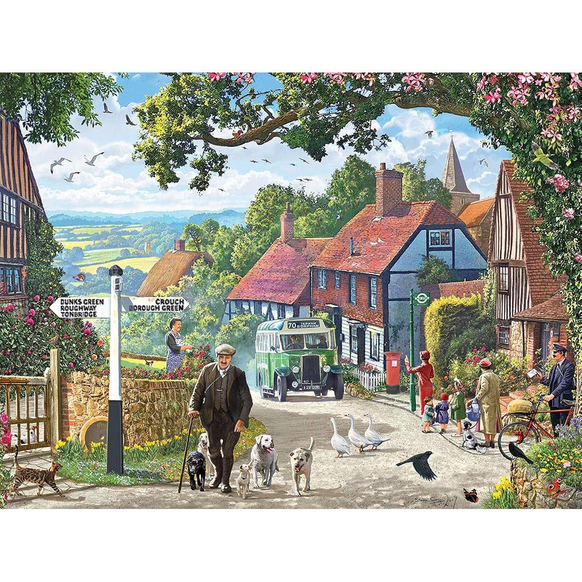 Bits and Pieces Jigsaw Puzzle 500 Pieces for Adults 18" x 24" Country Bus 500 Piece Small Town in the English Countryside Artist: Steve Crisp