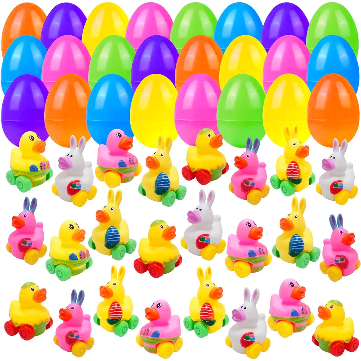 Holydeck 24pcs Easter Eggs Rubber Duck Car Toys Soft Vehicles for Babies Kids Girls Boys Easter Basket Stuffers Party Favors Gifts