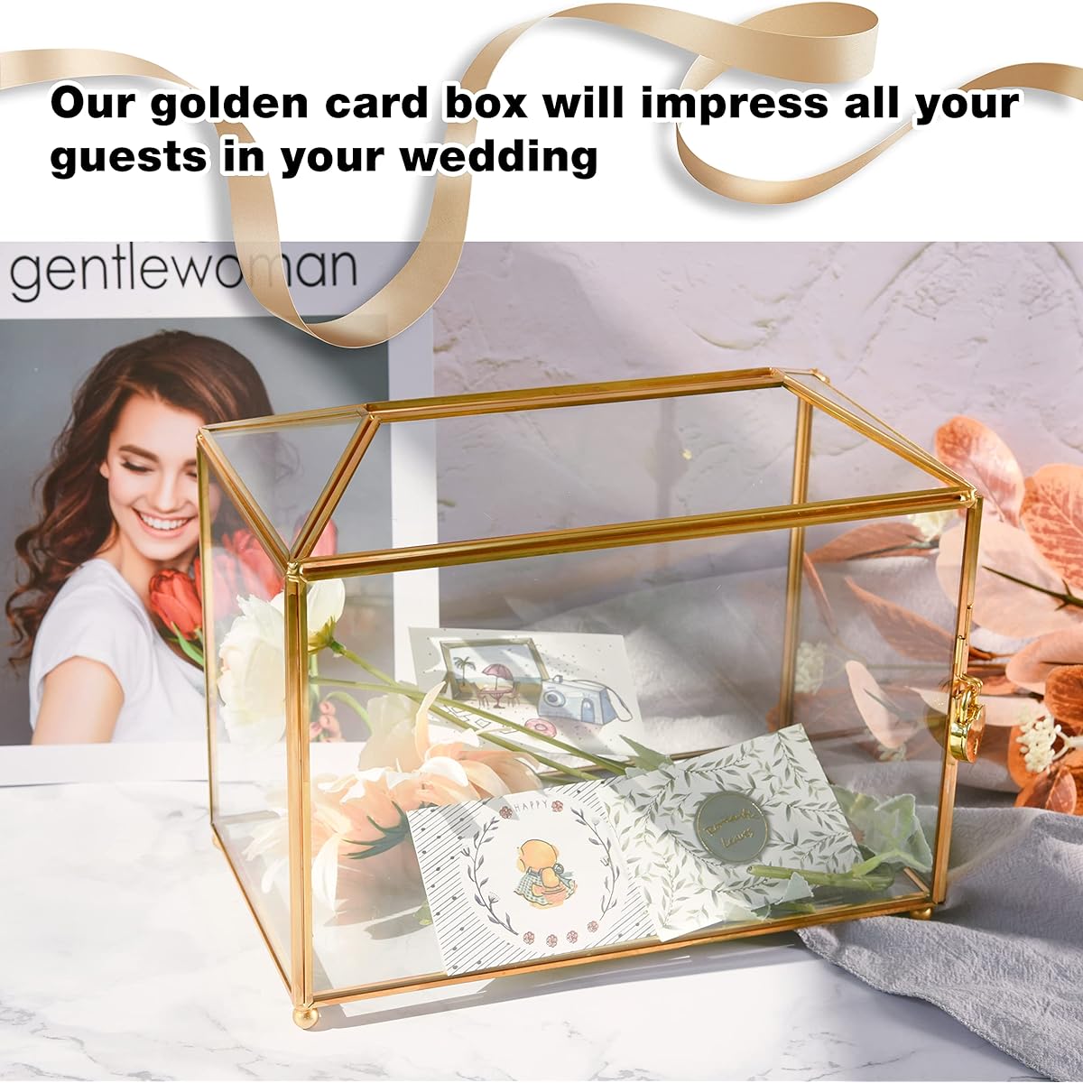 Gold Wedding Glass Card Box - 10.6" Large Wedding Card Holder Handmade Gold Glass Terrarium with Slots and Heart Lock, 10.6x5.9x8.3"