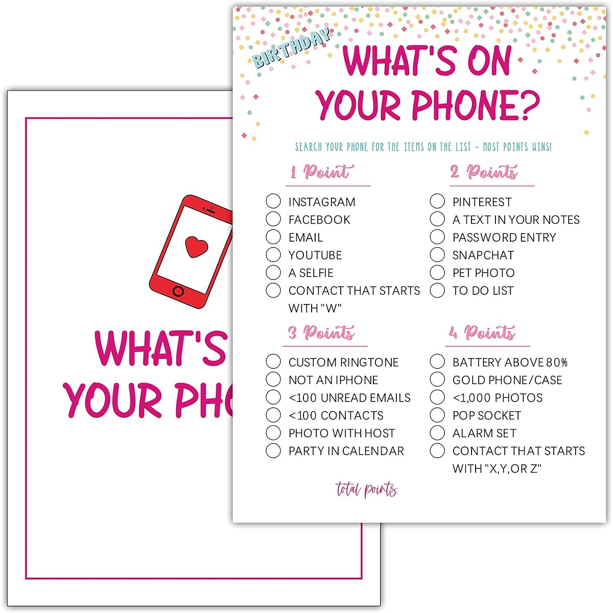 Disfuco What's On Your Phone - Birthday Game Cards - Teens Kids Birthday Party Games - 30 Cards - Birthday Game Card Set - (birth09)