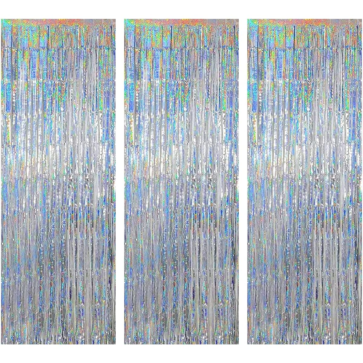 JFWOD 3 Pieces Holographic Silver Foil Fringe Curtains 3.28ft x 8.2ft Metallic Tinsel Door Curtain Photography Backdrop Wedding Birthday Bridal Shower Christmas New Year Party Decorations