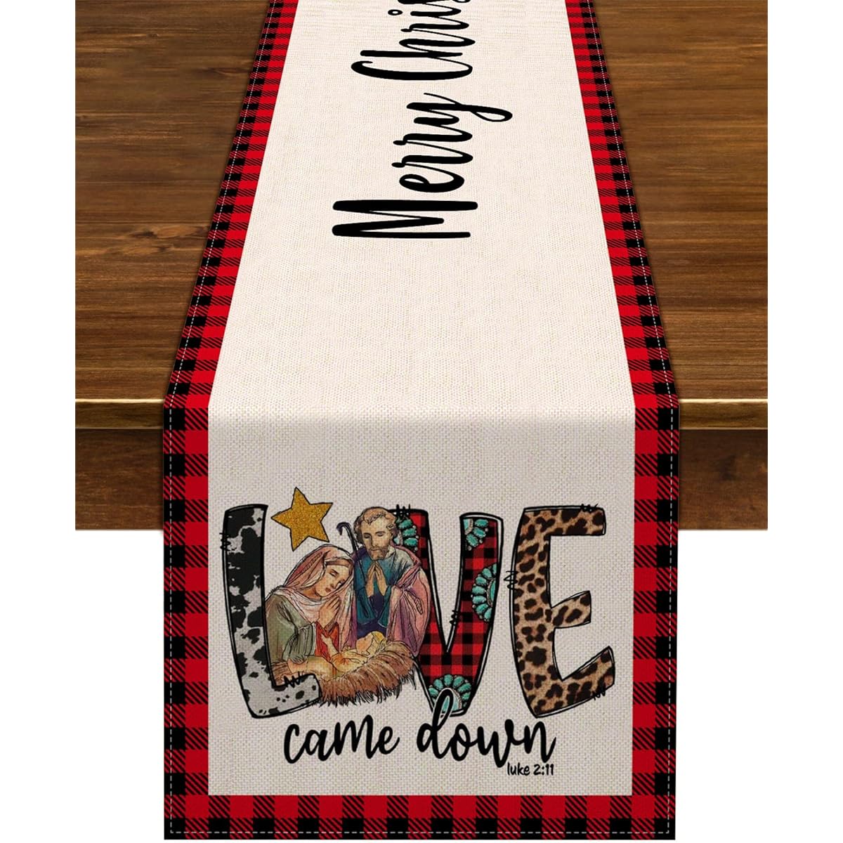 Nepnuser Nativity Scene Epiphany Table Runner Jesus Black Red Buffalo Checkered Christmas Home Decor Winter Holiday Home Kitchen Island Home Decoration