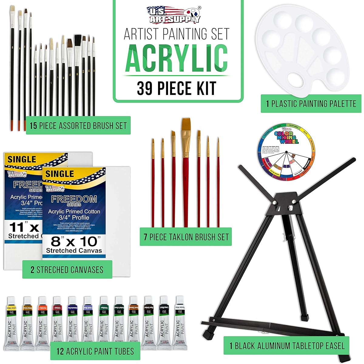 U.S. Art Supply 39 Piece Acrylic Artist Painting Set - Aluminum Table Easel, 12 Acrylic Colors, Stretched Canvas, Paint Brushes, Plastic Palette