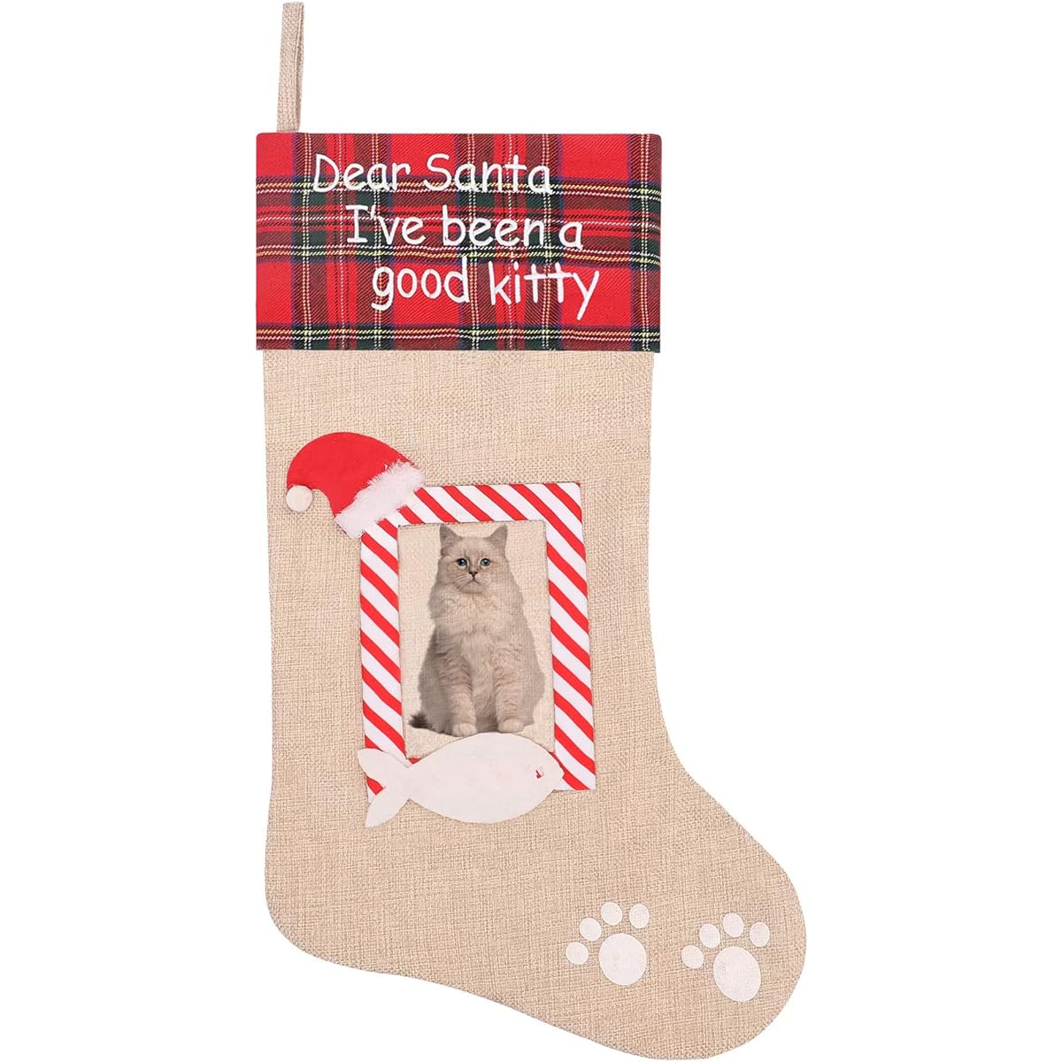 Tokforty Burlap Pet Christmas Stockings Personalized 20" Christmas Paw Stocking Hanging Ornaments with Family Photo Frame Christmas Tree Hanging Gift Bag Home Holiday Christmas Party Decorations