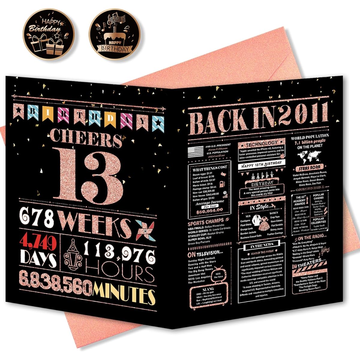 BGTCARDS 13th Birthday Card, 13th Birthday Decorations, 13th Birthday Gifts for Girls, Jumbo Birthday Card for 13 Year Old Granddaughter, 2011 Birthday Card, Rose Gold