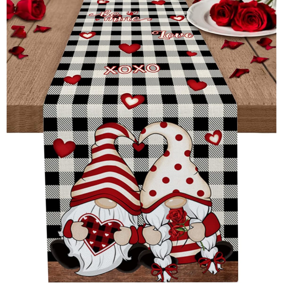 Couple Gnome Rose Table Runner 16x72 Inch Cotton Linen Tabletop Collection Non-Slip Table Runner for Seasonal Holiday Party and Dining Room Decor Love Heart Black White Plaid