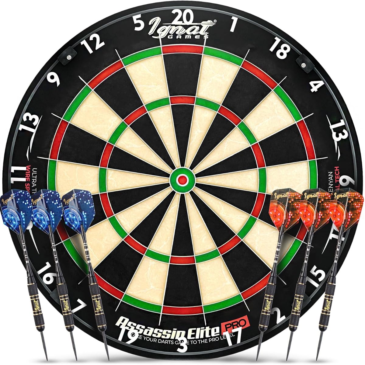 IgnatGames Professional Dartboard Set - Bristol/Sisal Tournament Dartboard with Fully Staple-Free Ultra-Thin Wire Spider + 6 Professional Steel Tip Darts + Dart Accessories + Darts eBook