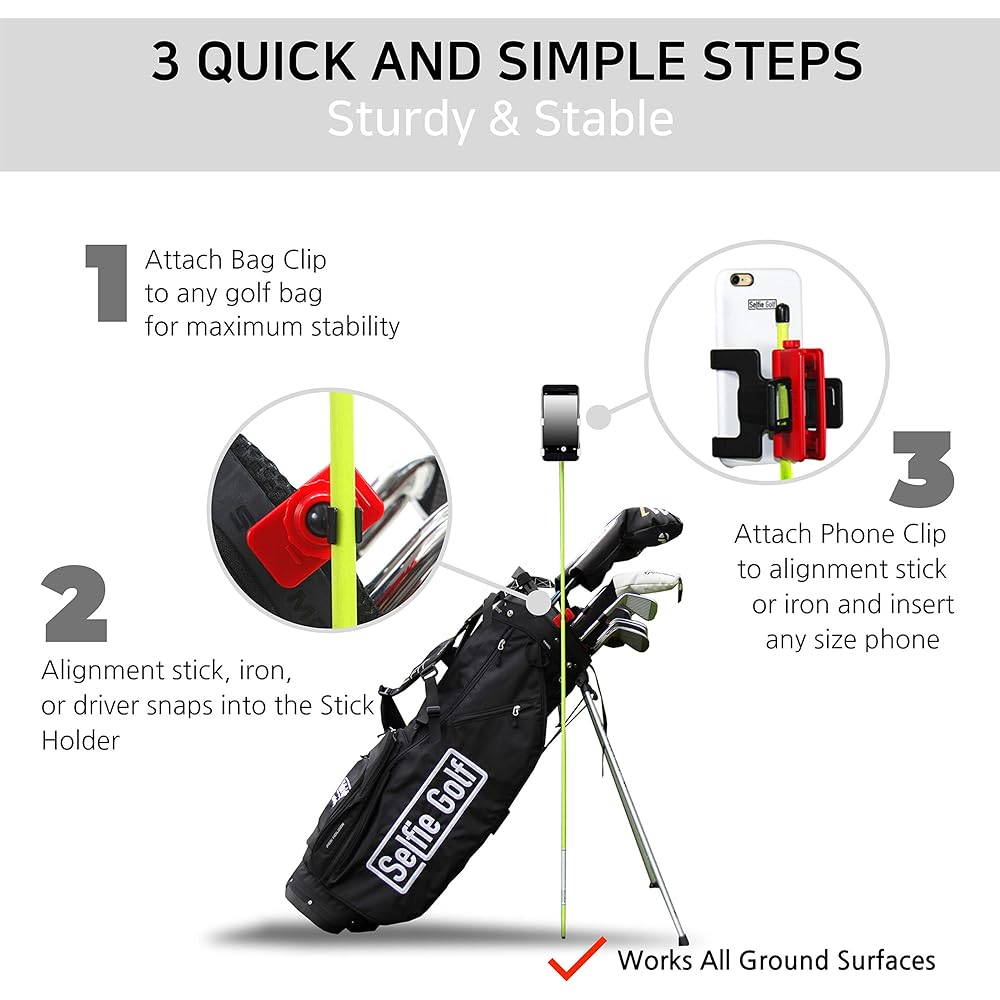 SelfieGOLF Record Golf Swing Cell Phone Holder Golf Analyzer Accessory PGA Best Product Award Winner Selfie Putting Training Aid Compatible with All Golf Bags and Alignment Sticks