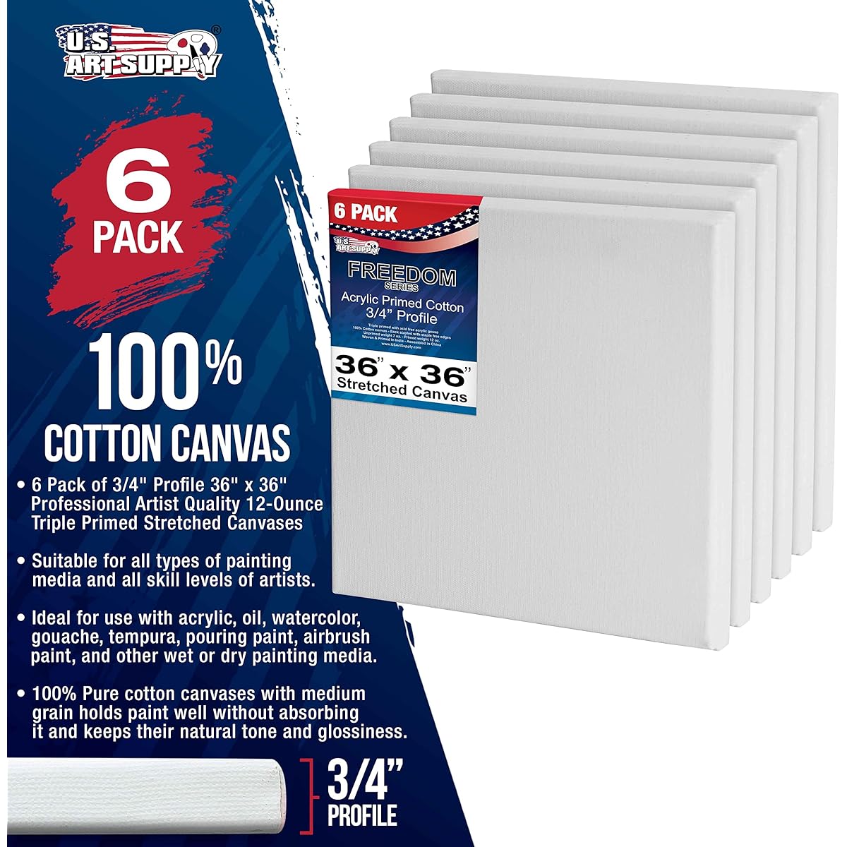 U.S. Art Supply 36 x 36 Inch Stretched Canvas 12oz Prime 6 Pack - Professional White Blank 3/4 Inch Profile Heavy Weight Gesso Acid Free Bulk Pack - Paint Acrylic Pour Oil Painting