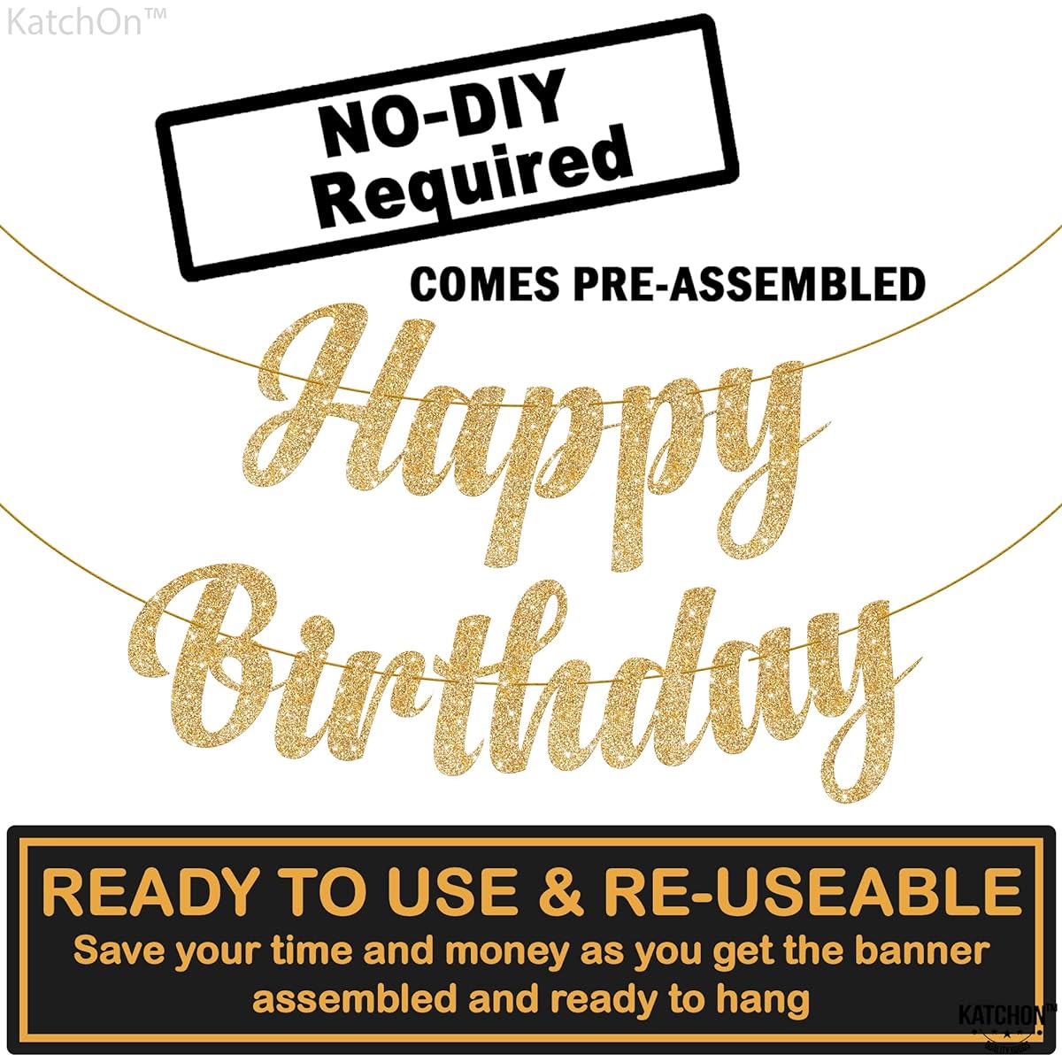 KatchOn Gold Glitter Happy Birthday Banner - 10ft No DIY Required | Happy Birthday Gold Banner Happy Birthday Decorations | Gold Birthday Banner Gold Birthday Decorations for Girls | Happy Birthday Sign