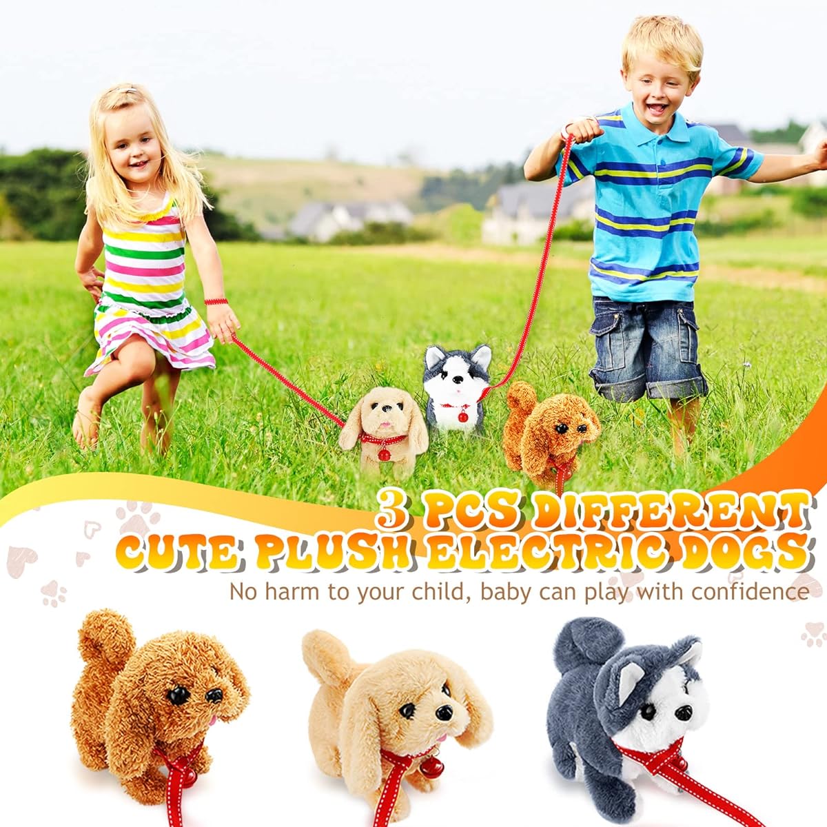 3pcs Plush Dog Toy Electronic Interactive Pet Dog Realistic Dog Walking and Barking Dog Stuffed Animal Realistic Puppy Electric Walking Animal Electronic Pet Gift for Little Teens