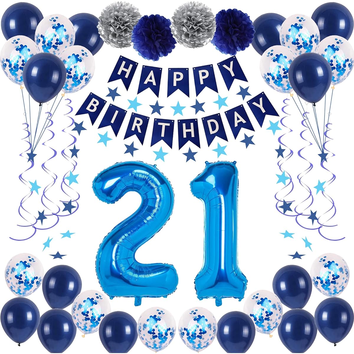 NANINUNENO 21 Years Old Blue Birthday Party Decorations for Boys Girls Men Women Happy Birthday Balloons 21pcs Number Balloons Blue Star Streamer Hanging Swirls