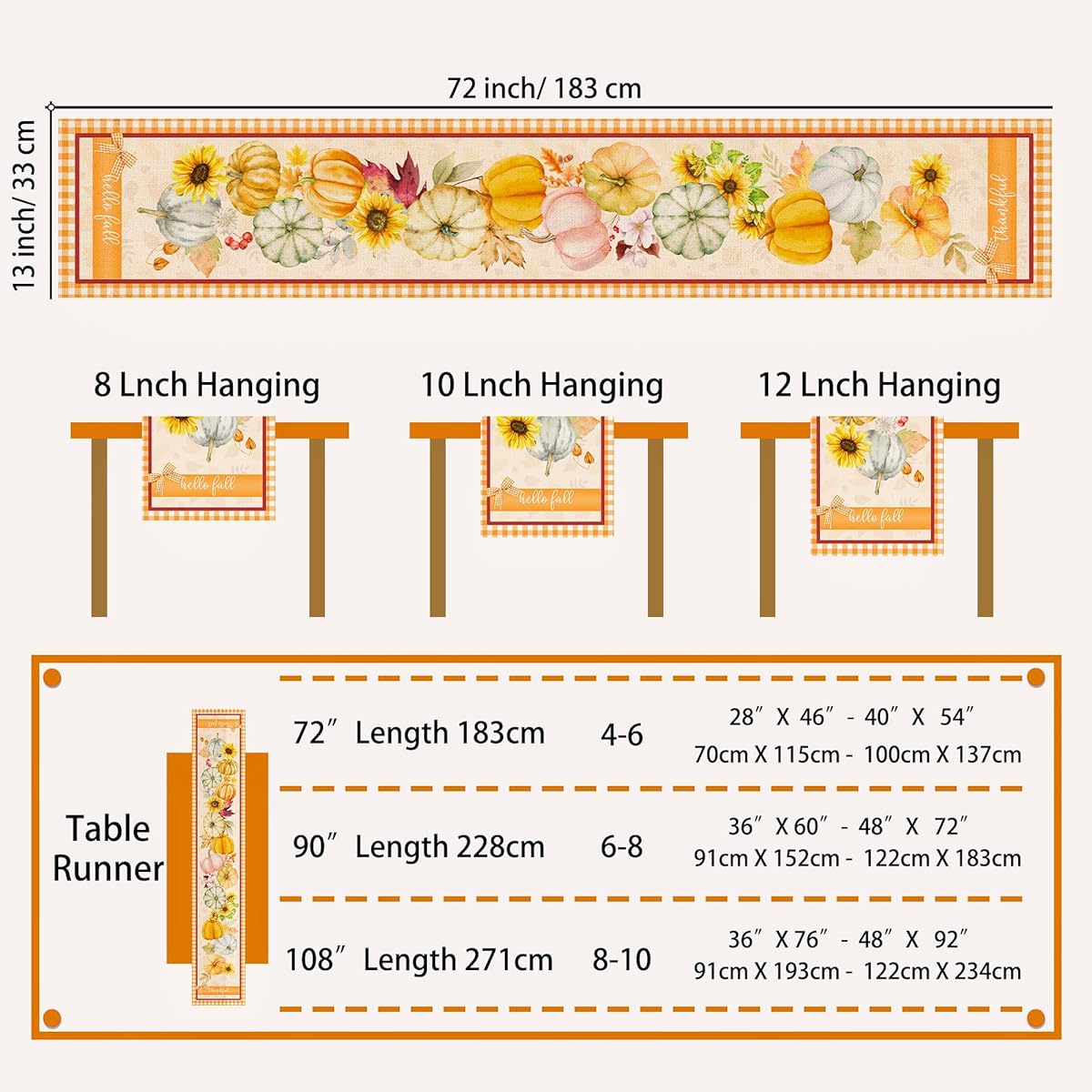 Autumn Table Runner Autumn Runner Hello Fall Pumpkin Gnome Runner for Table 72 Inch Autumn Primitive Orange Buffalo Plaid Decor Small Table Runner Rug for Home Decor Dining Room Kitchen